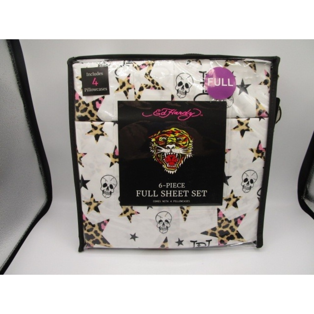 Ed Hardy Full Sheet Set 6 Piece White Leopard Print Stars Tattoo Print